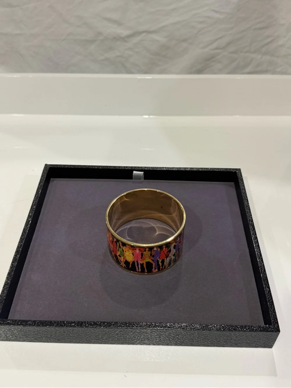Henri Bendel New York Wide Enamel Fashion Illustration Gold Tone Bracelet